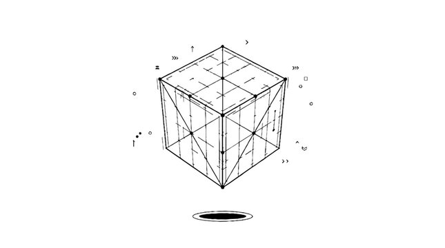 Isometric wireframe cube with technical digital measurement markers