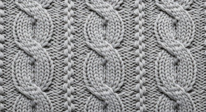 Soft grey cable knit wool fabric features chunky braided patterns for a cozy winter textile Wallpaper Background image