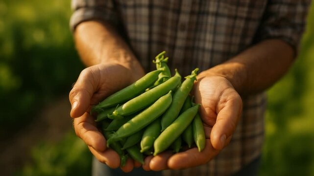 Hands of a farmer holding fresh green pea pods harvested from a garden, close-up produce