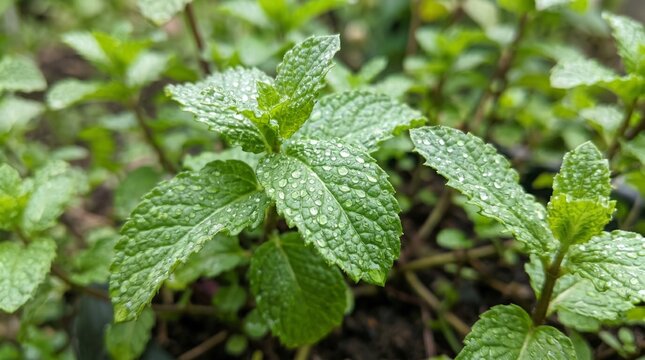 Fresh mint plant with water droplets, herb garden close-up