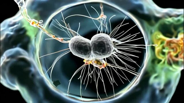 3D medical animation showing pathogenic bacteria with numerous pili filaments moving and attaching to a cellular surface in a dark fluid environment. Cretosome.