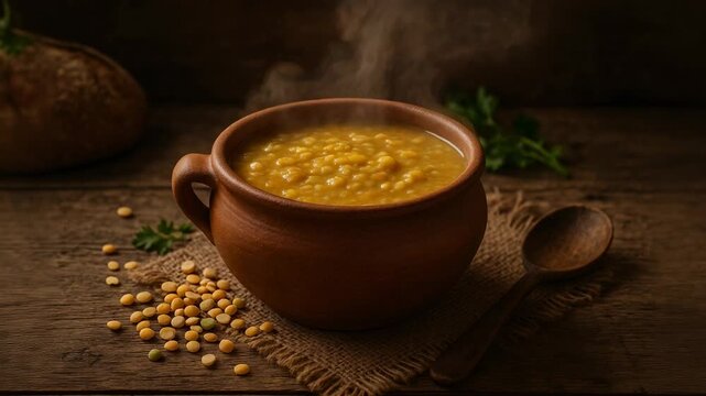 Steaming homemade yellow split pea soup in an earthenware bowl on a rustic wooden table, garnished with parsley and served with a wooden spoon