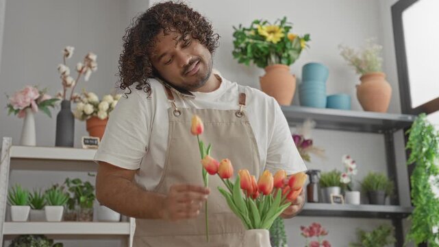 Man arranging orange tulips with phone held at shoulder while adjusting stems in apron inside a flower shop building; calm focus.