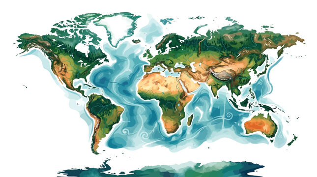 Artistic digital world map illustration featuring detailed topographical terrain, lush green forests, desert regions, and swirling blue ocean currents on a white background.