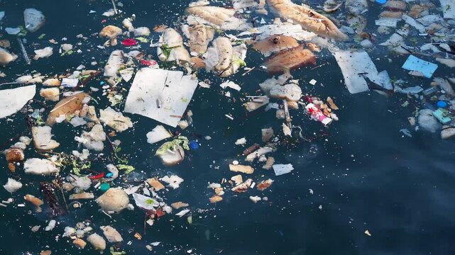 The river shows trash and debris floating on the water surface