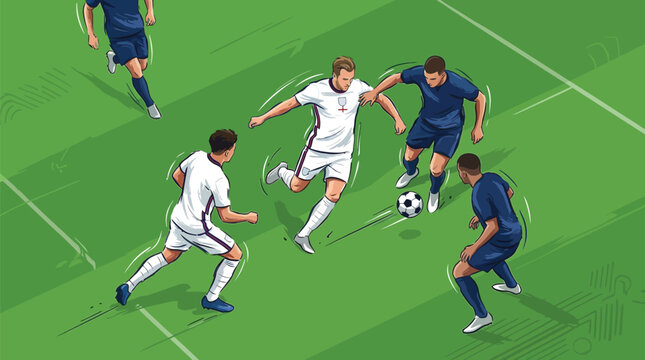 Vector illustration of professional soccer players in white and blue uniforms during a match on a green field, featuring athletes dribbling and defending in a dynamic sports scene.
