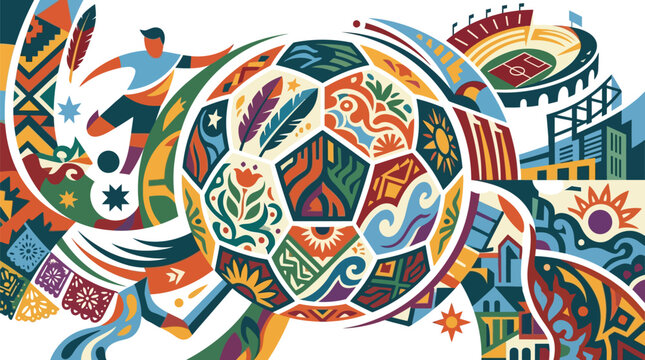 Colorful vector art showing a soccer ball decorated with indigenous and cultural motifs, a soccer player silhouette, a sports stadium, and abstract North American graphic elements.