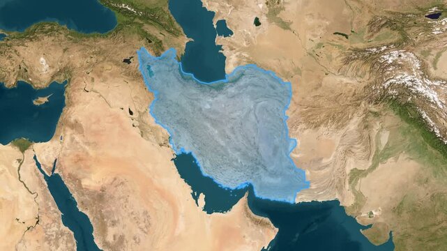 Vertical overhead view of Iran highlighted with a blue border on a satellite terrain map of the Middle East and its surrounding countries