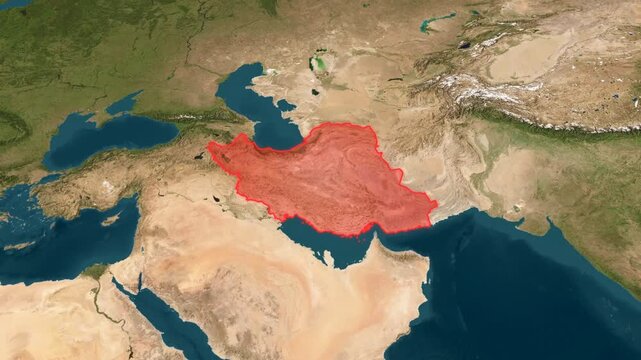 Iran country borders highlighted in red on a 3D satellite terrain map with cinematic orbital camera rotation revealing the Middle Eastern landscape
