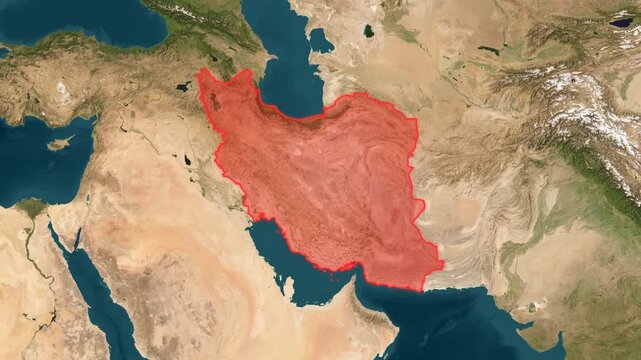 Aerial top-down satellite view of Iran outlined in red, showing the country borders against the natural terrain of the Middle East