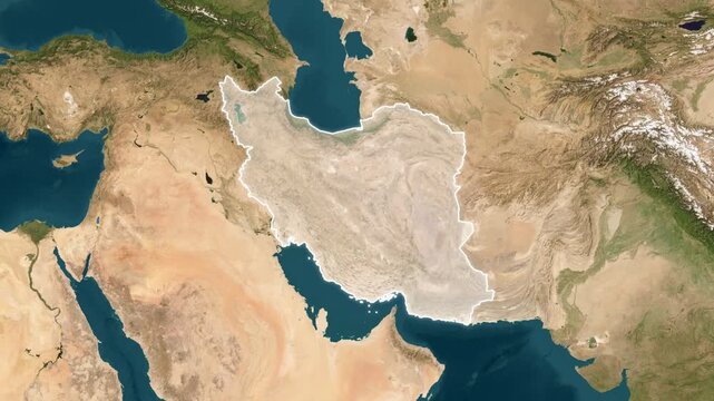 Birds eye satellite view of Iran highlighted with a minimal white outline against natural terrain and the surrounding Middle Eastern geography
