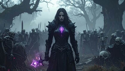 Obraz premium A formidable dark queen in enchanted armor leads her spectral skeleton legion through a mist-shrouded, ancient forest, radiating a powerful, mysterious glow