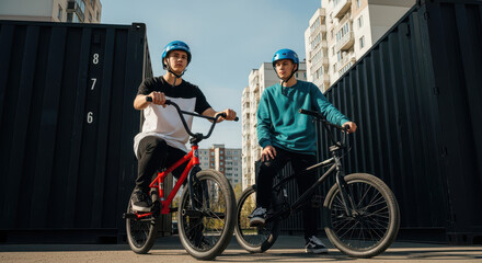 Fototapeta premium Two young men posing with BMX bikes in an urban industrial setting with shipping containers and city buildings.