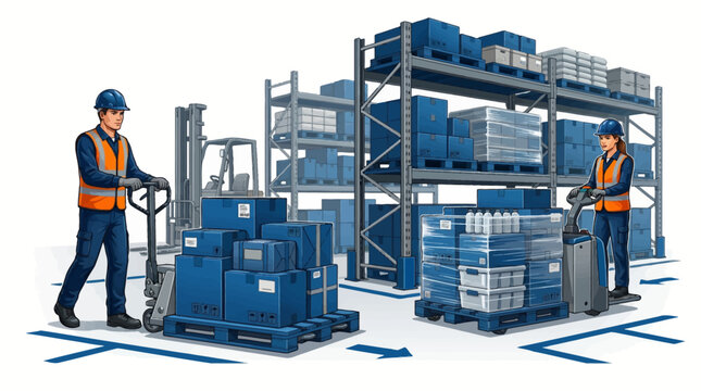 warehouse workers operating forklifts and pallet jacks with blue boxes and pallets