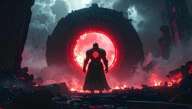 A lone sentinel stands before a colossal, glowing red portal, ominous energy emanating from its depths, casting a formidable shadow over a desolate, war-torn landscape