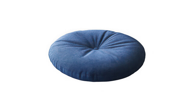 Blue velvet round floor cushion on transparent background for home decor