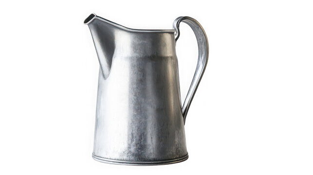 Vintage silver metal pitcher with handle on transparent background