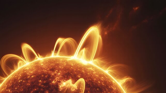 Sun's surface glows intensely with fiery orange and yellow, depicting a coronal mass ejection or solar flare against a dark cosmic.
