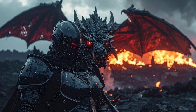 Epic fantasy scene of a dark knight facing a menacing dragon with glowing red eyes amidst a fiery landscape