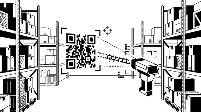 Handheld scanner reading qr code in a warehouse aisle