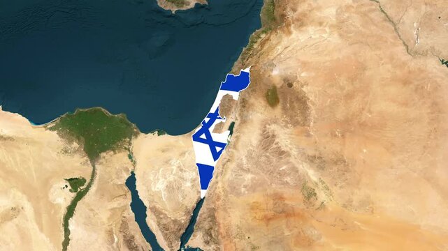 Israel map overlayed with national flag seen from space with surrounding arid desert landscape