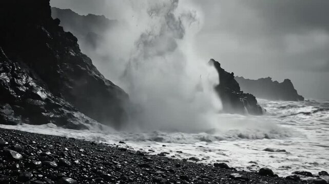 Black and white video of ocean waves crashing against a rocky coastline during a stormy day, evoking feelings of power and the sublime