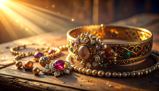 Golden jewelry displayed on wooden surface