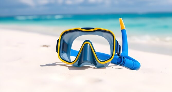 yellow and blue snorkel and mask on the sand beach