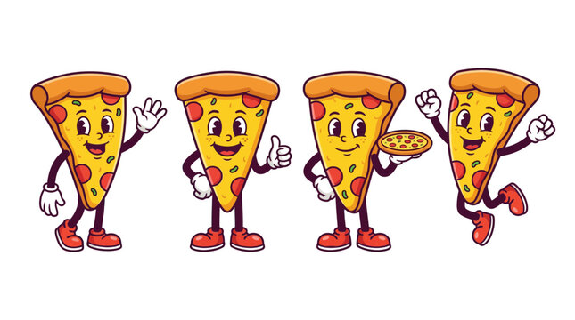 A Vibrant Collection of Cheerful Anthropomorphic Pizza Slice Characters in Various Playful Poses, Perfect for Fun Food-Themed Projects and Delightful Visuals