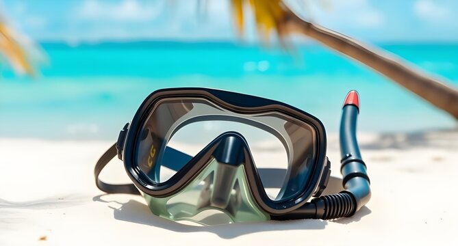 black snorkel and mask on the sand beach