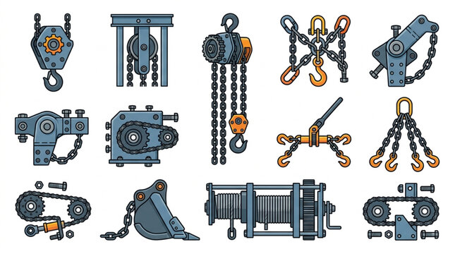 Collection of industrial lifting and hoisting equipment illustrations.