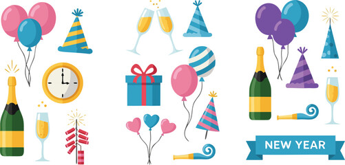 New Year celebration vector illustration set featuring champagne balloons party hats fireworks and festive holiday decorations © Bokul