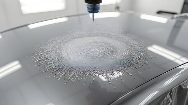 Industrial machine nozzle sprays a fine mist onto a metal surface during a coating process.
