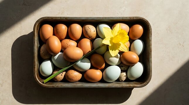Berbagai macam telur ayam dan puyuh dalam loyang besi dengan bunga kuning melambangkan keberagaman hasil pertanian organik yang sehat.