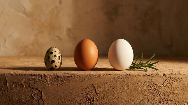 Barisan telur puyuh cokelat dan putih di atas meja batu dengan daun rosemary melambangkan harmoni serta kesederhanaan bahan organik.