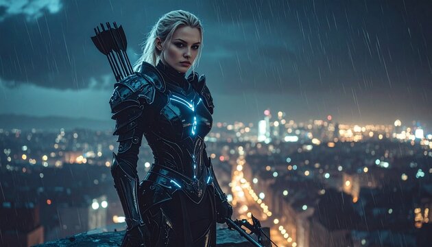 Female archer in glowing futuristic armor stands vigilant on a city rooftop, overseeing the rain-swept urban nightscape, symbolizing modern strength and guardianship