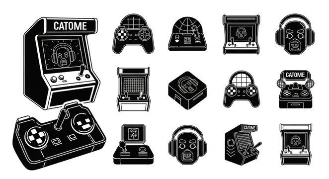 Retro Arcade Game Machine and Controllers Collection.