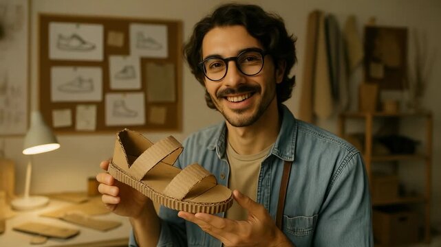 Smiling cobbler in workshop holding a handcrafted tan platform sandal with sketches and materials visible in the background