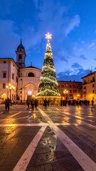 Fototapeta premium Christmas tree in city square at night.