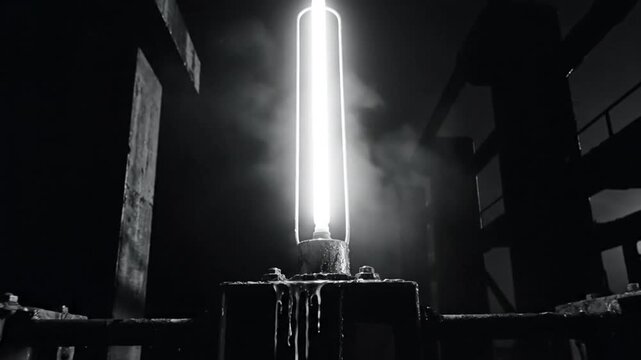 Industrial-style illuminating lightbulb fixture with smoke and drips in a dark, atmospheric setting