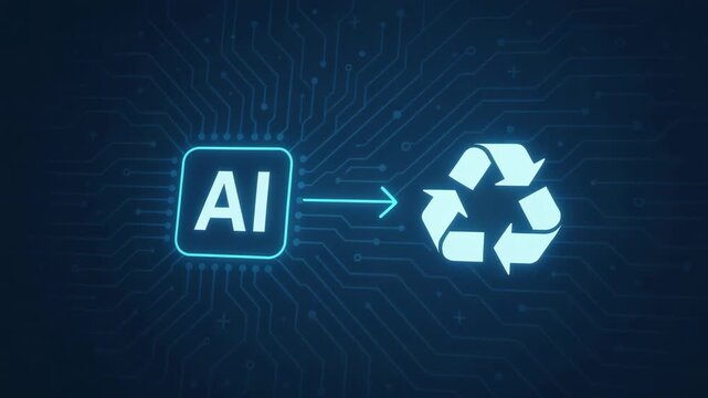 Glowing blue AI icon with arrow pointing to recycling symbol on a circuit-board tech background, representing sustainable AI and circular data reuse