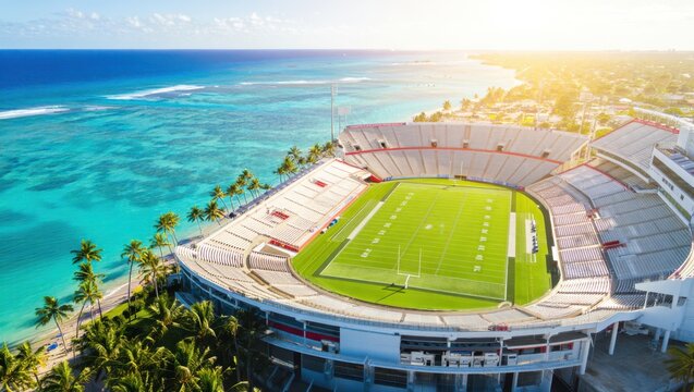 Aerial view of a coastal stadium with lush green field and seating area overlooking the ocean and beach