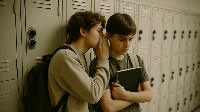Teenage boy whispering a secret to another student in a school locker hallway while the other holds a notebook and listens with a serious expression