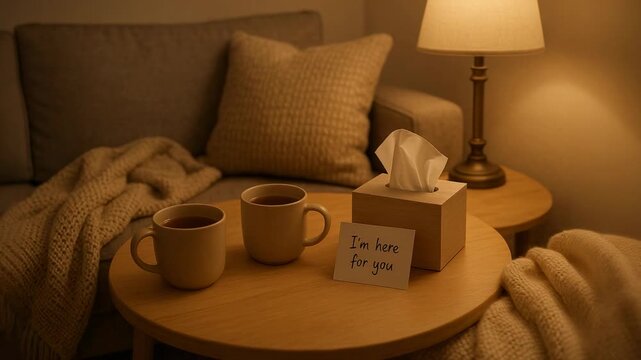 Warm cozy living room scene with two mugs, tissue box and a handwritten I'm here for you note on a wooden table beside a lamp and soft blankets