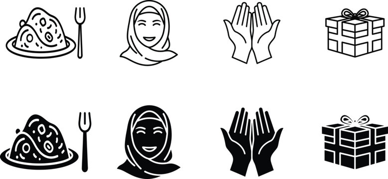 Silhouette icons for ramadan kareem featuring food gift and prayer silhouettes