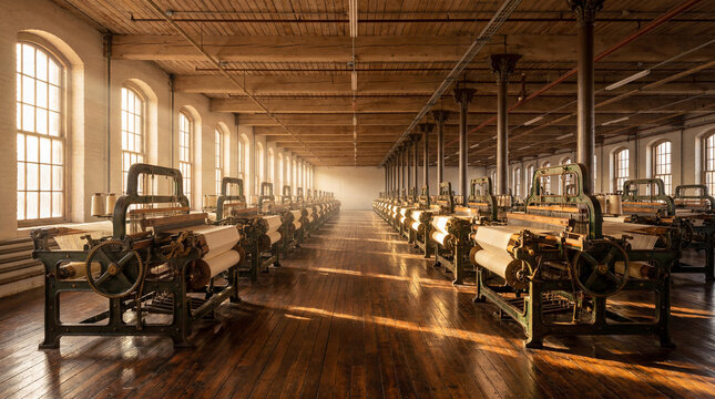  Rows of vintage industrial textile looms in an empty historic factory, beautifully lit by sunlight through arched windows