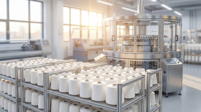 Modern textile factory interior with an automated circular knitting machine and rows of white yarn spools. Industrial manufacturing production