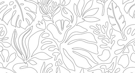 Fototapeta premium Tropical leaves pattern, black and white line drawing