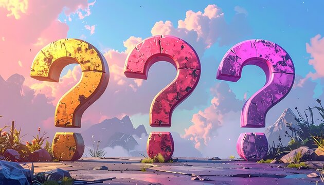 Three colorful question marks outdoors.