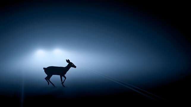 Deer running across dark road at night with eye reflection
